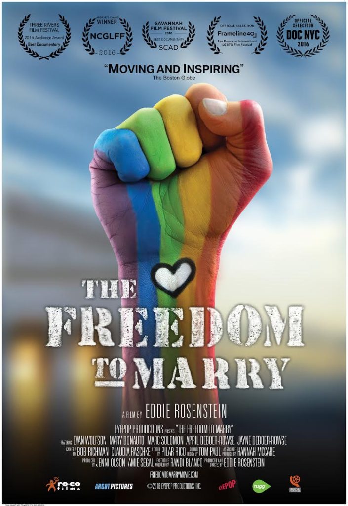 The Freedom to Marry - Movie poster - a rainbow hand held up in a fist